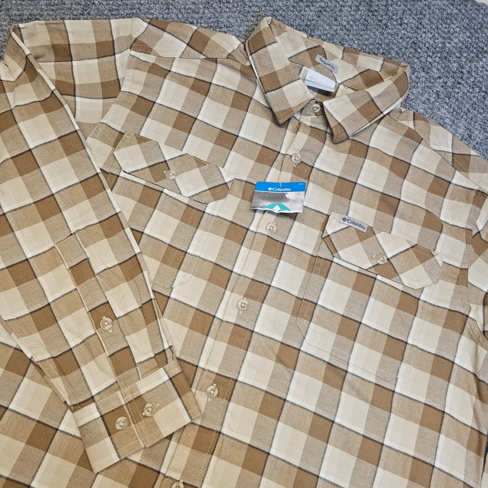 NWT Columbia Men's Long Sleeve Plaid Flannel Shirt Regular Fit Button Up‎ Tan